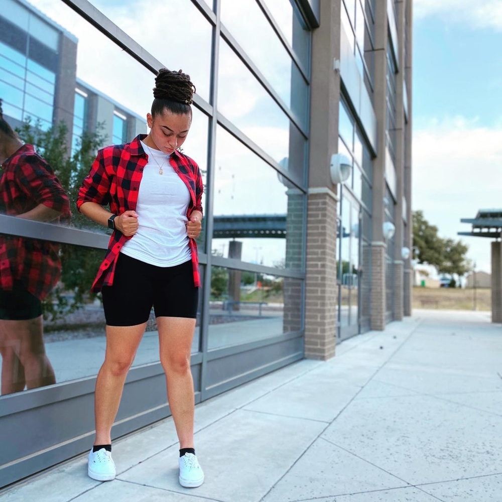 Red flannel with white t shirt